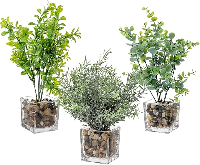MyGift Artificial Rosemary Eucalyptus and Boxwood Plants Potted in Clear Glass by MyGiftHome