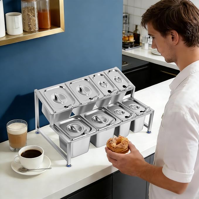 Expandable Spice Rack with Lids and Spoons, 2-Tier Stainless Steel Organizer - Image 5