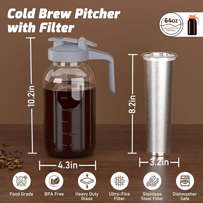 Cold Brew Coffee Maker Jar - 64oz Thick Glass Multipurpose Mason Pitcher Spout - Image 3