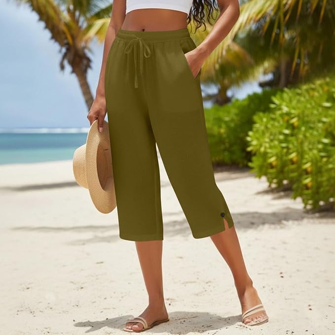 Straight Leg Capri Linen Pants for Women Elastic Waist Drawstring Pant Summer - Image 3