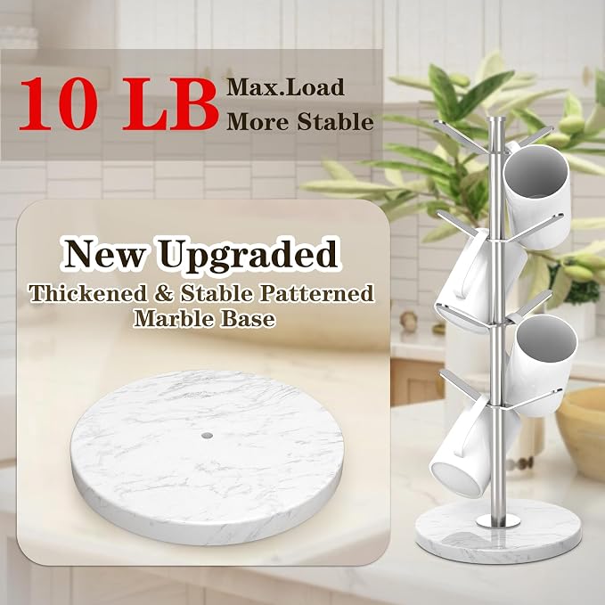 Marble Mug Holder Tree with 8 Hooks, Detachable Stainless Steel Coffee Cup - Image 2