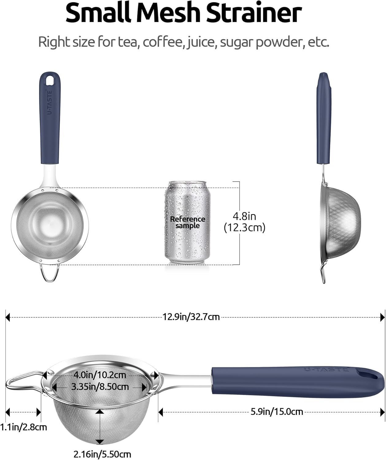 U-Taste Small Fine Mesh Strainer: 18/8 Stainless Steel 3.35in 30 Mesh Kitchen Food Sieve with Sturdy Riveted Silicone Handle, Heavy Duty Deep Handheld Metal Colander for Tea, Juice (Midnight Blue)