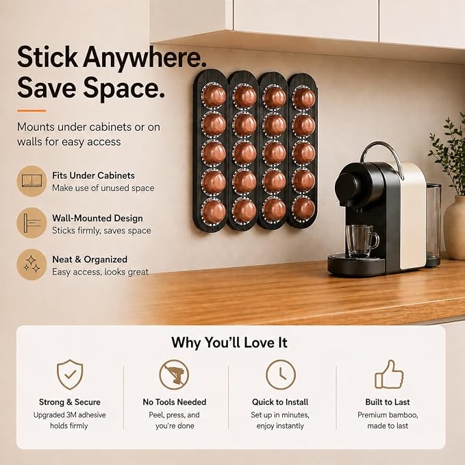Bamboo Coffee Pod Holder, Adhesive Wall Mount - Image 7