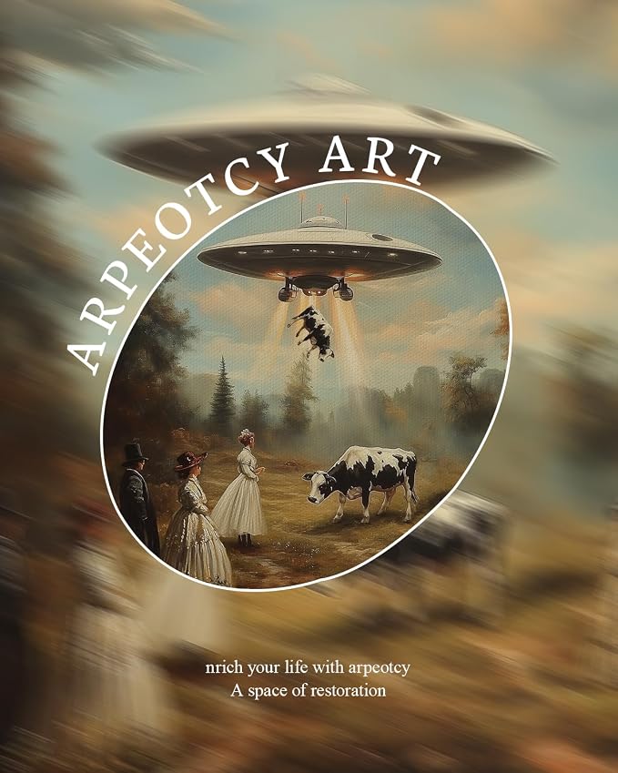 ARPEOTCY Gold Framed Canvas Wall Art, 8x10 Inch Funny Vintage UFO Farm Scene - Image 6
