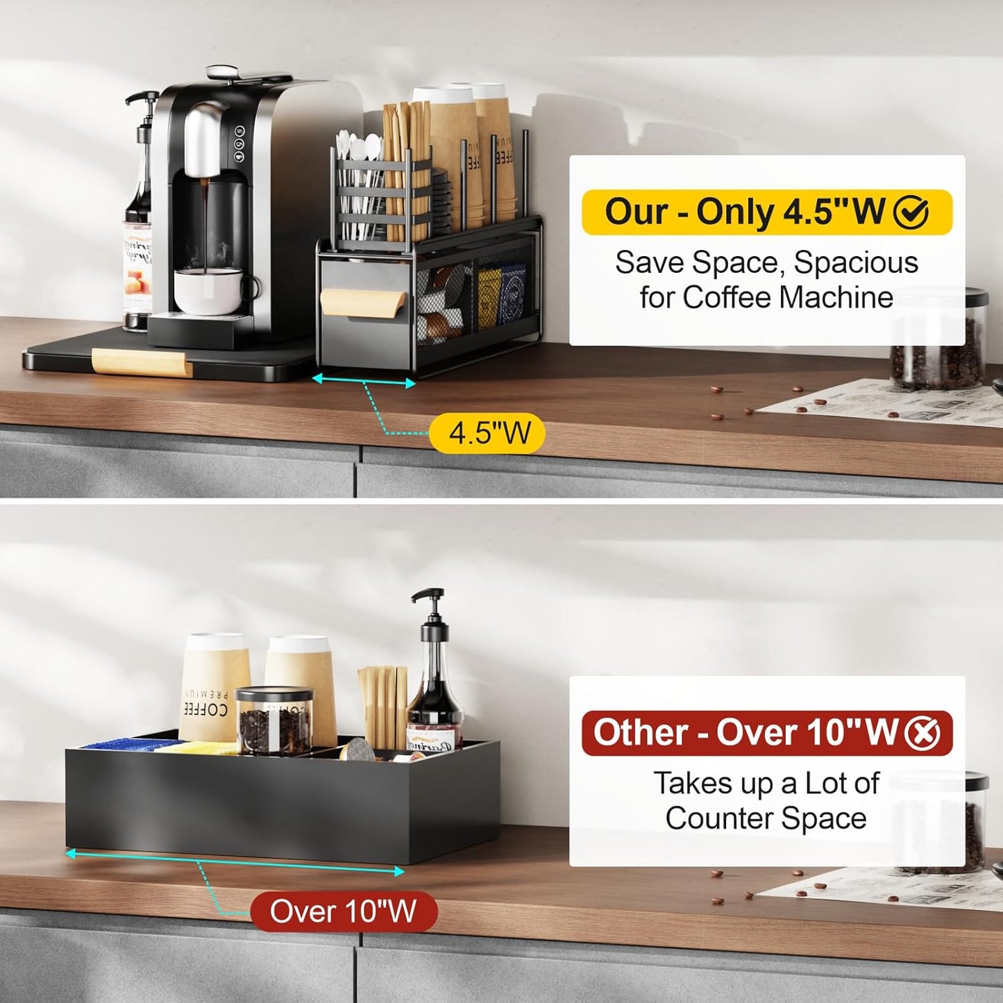 GSlife Cup and Lid Holder with Drawer - Metal Coffee Cup Dispenser with Straw Organizer, Narrow Coffee Bar Station for Countertop Kitchen Breakroom, Black