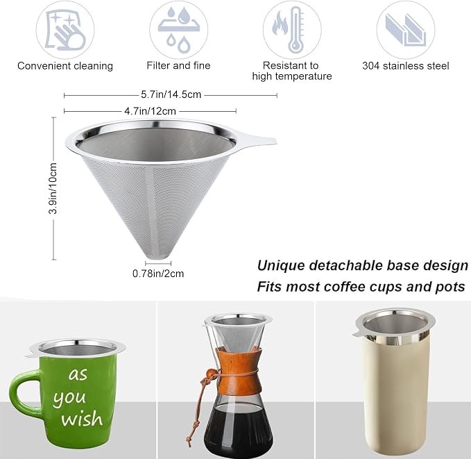Pour Over Coffee Maker, Coffee Filter, Slow Drip Paperless Stainless Steel Cone - Image 3