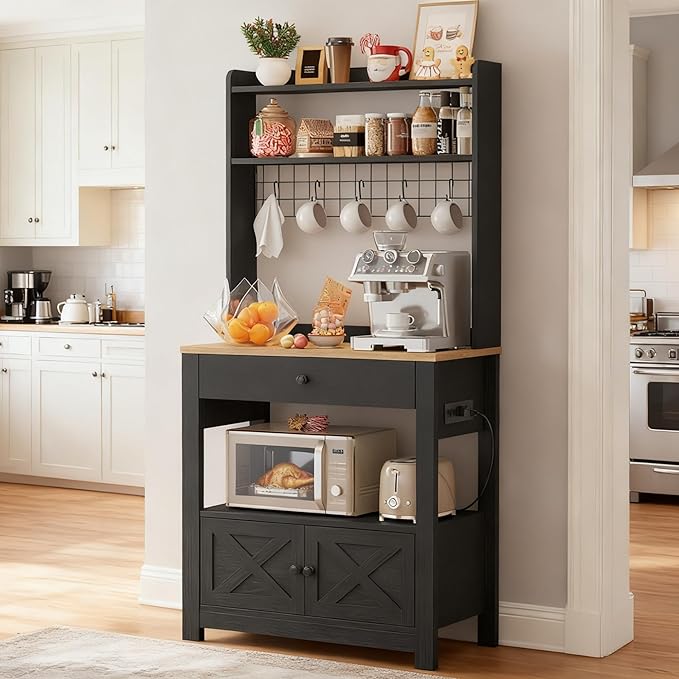 LIKIMIO Baker Rack with Spill-Safe Power Outlet & Drawer, Coffee Bar Cabinet by LIKIMIO
