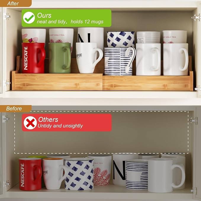Hongtamoya 2-Tier Expandable Bamboo Coffee Mug Holder, Mug Organizer - Image 4