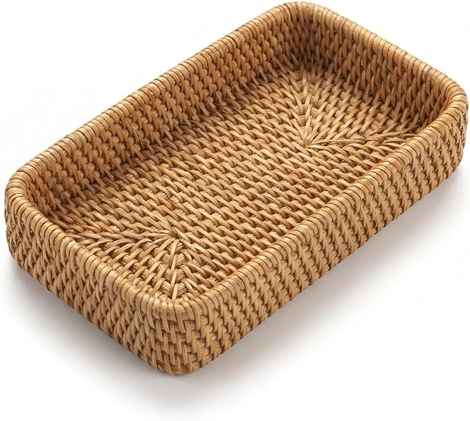 8.3" x 4.3" Small Natural Rattan Storage Tray, Decorative Handwoven Wicker by YANGQIHOME