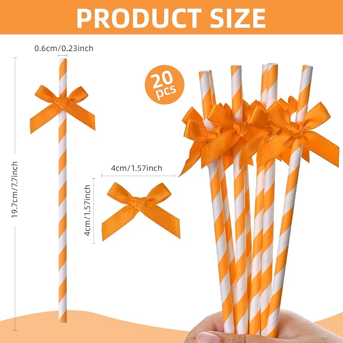 20pcs Orange Bow Straw, 7.7inch Autumn Thanksgiving Biodegradable Cute Paper - Image 2