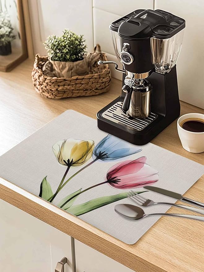 Red Yellow Blue Tulips Coffee Mat Transparent Floral Linen Retro Absorbent Bar by Unknown