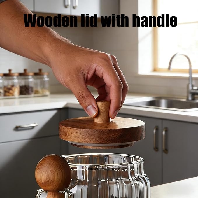 Glass Jar With Wooden Lid And Spoon, Glass Food Storage Canister, Airtight - Image 4