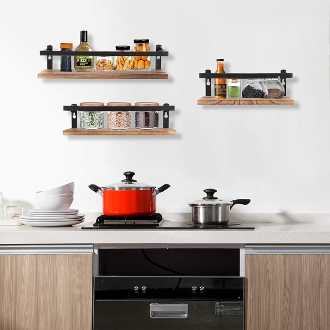 PHUNAYA Floating Shelves Rustic Wood Wall Mounted Shelf Practical Metal Fence - Image 4
