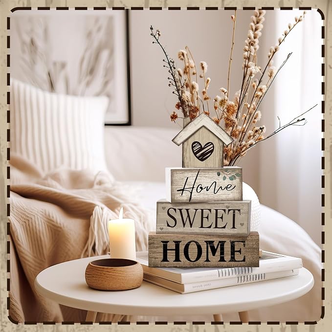 Moucuny 4 Pcs Wooden Farmhouse Tabletop Decor Rustic Home Tiered Tray Decor - Image 6
