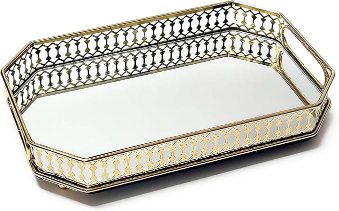 Glass and Gold Rectangular Tray Dinner Plate Perfume and Vanity Tray Decorative by Yikinip