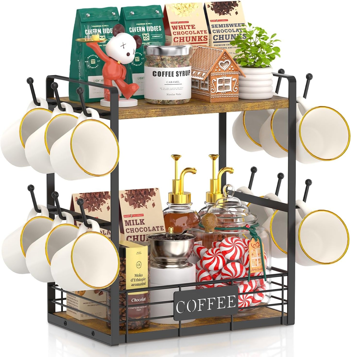 EsLuker.ly Coffee Mug Cup Holder Tree Bar Station Organizer, 2 Tier Mug Stand Rack for Countertop Kitchen, Storage Tower Display Shelf with 12 Hooks, Coffee Nook Enhancer, Vintage Brown Black