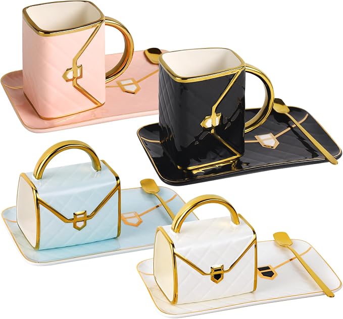 Handbag Coffee Mug Set of 4, Handbag Coffee Mug, Purse Coffee Ceramic Mug Set by Fovima