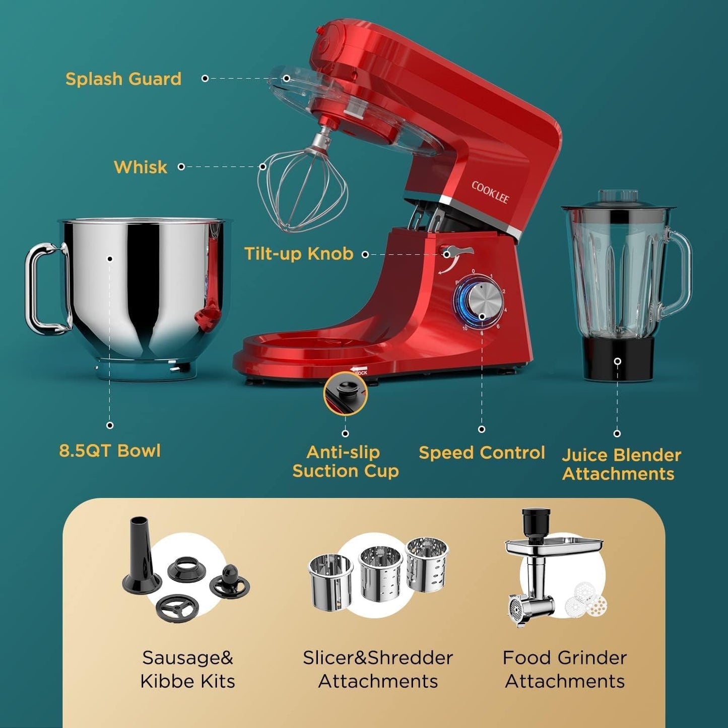 COOKLEE 6-IN-1 Stand Mixer, 8.5 Qt. Multifunctional Electric Kitchen Mixer with 9 Accessories for Most Home Cooks, SM-1507BM, Ruby Red