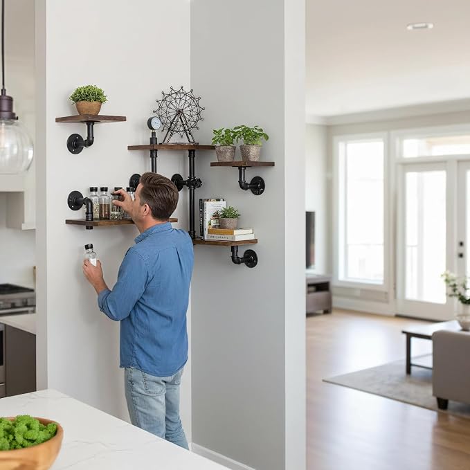 Industrial Rustic Modern Wood Ladder Pipe Wall Mounted Floating Shelves - Image 7