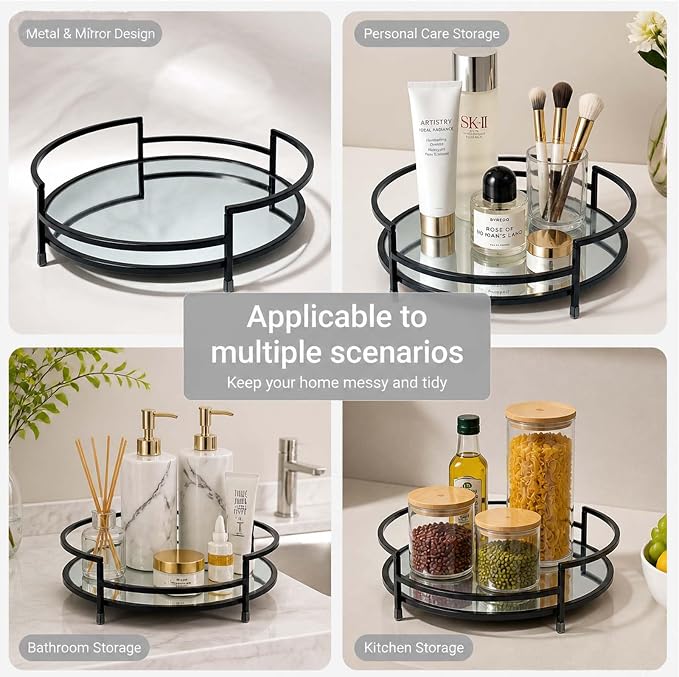 Round Black 12" Mirror Decor Tray, Metal Mirror Serving Tray, Glass Vanity & - Image 2