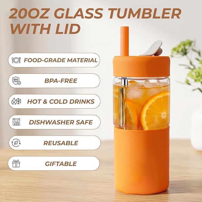 Zenbo 20 oz Glass Tumbler with Silicone Lid & Straws, Borosilicate Glass Cup - Image 2