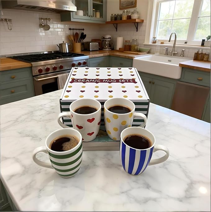 Colorful Porcelain Mug Set of 4 Include Stripes, Polka Dot & Heart Ceramic - Image 2