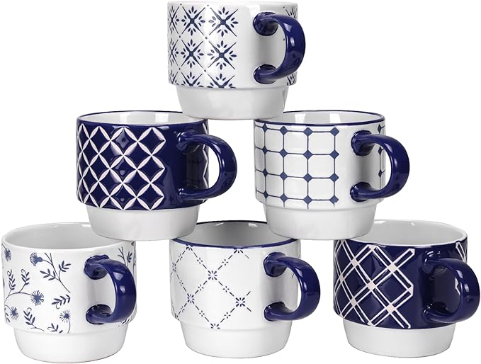 Schliersee 12 OZ Stackable Ceramic Coffee Mugs set of 6, Geometric Floral by Schliersee