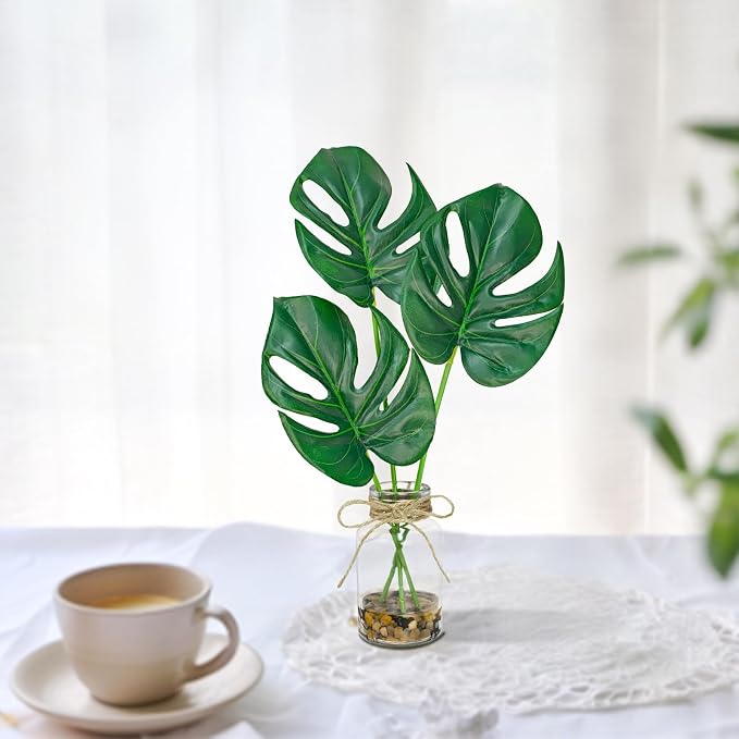 2 Pack Artificial Monstera Leaves in Glass Vase, Small Faux Plants - Image 3