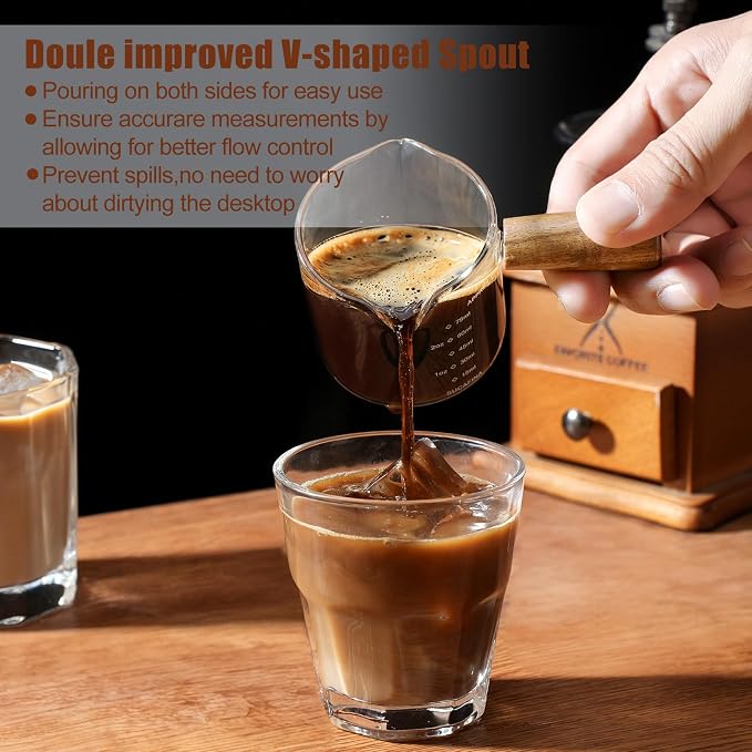 2 Pack Espresso Cups with Wood Handle, 75ML Double Spout Glass Measuring Cup - Image 3