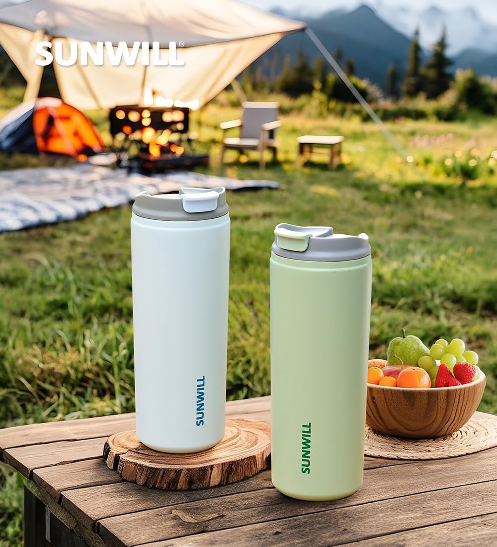 SUNWILL Travel Coffee Mug with Lid, Leak Proof Tumbler Stainless Steel, 16 oz Insulated Cup for Water, Tea, Ice, Powder Coated Iceberg