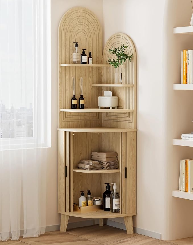 Small Corner Cabinet with Sliding Door and Storage, Tall Corner Bathroom Cabinet - Image 7
