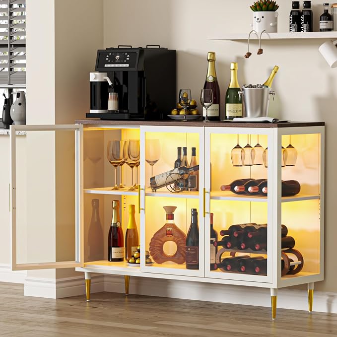Wine Bar Cabinet with LED Lights, Metal Wood Home Coffee Bar Cabinet with Glass by WOOWDEPOTBetterYourLife