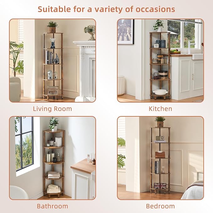 YUFAM 5-Tier Corner Shelf with Sturdy 5-Leg Base, Wooden Corner Bookshelf - Image 7