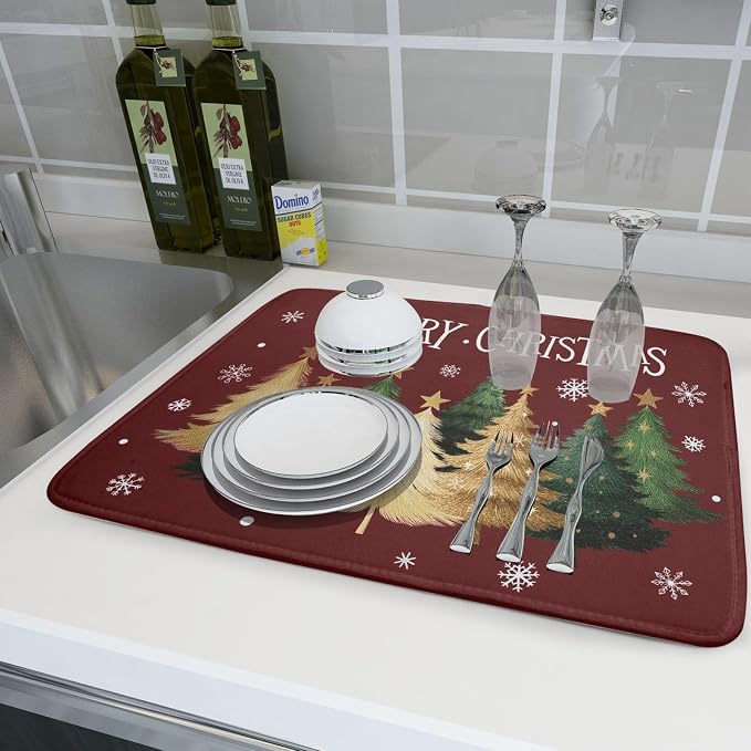 Xmas Tree Red Dish Drying Mat for Kitchen Counter, Winter Snowflake Drying Mat - Image 6