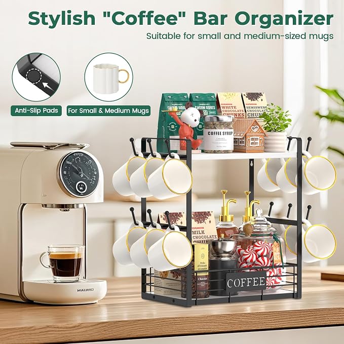 EsLuker.ly Coffee Mug Cup Holder Tree Bar Station Organizer, 2 Tier Mug Stand - Image 5