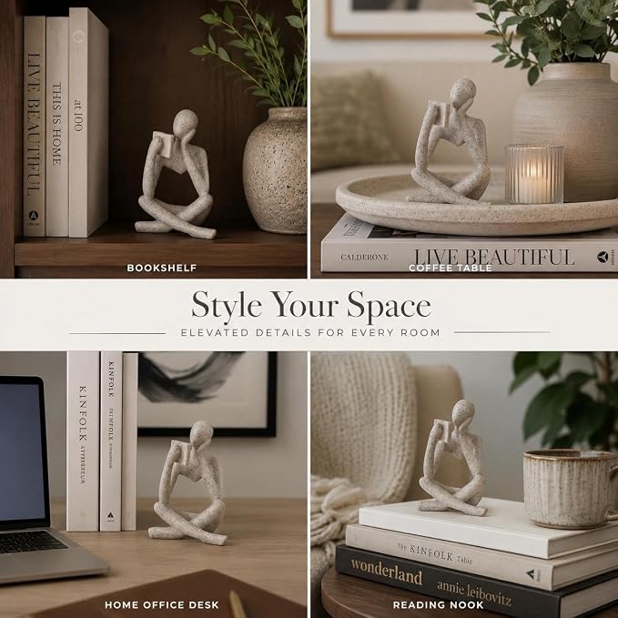 Bookshelf Decor Thinker Statue, Sand Abstract Reading Figurine, Resin - Image 4