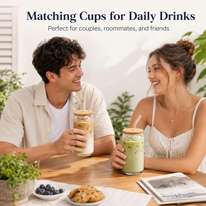 Glass Cups with Lids and Straws 2 Pack, 16 oz Iced Coffee Cups with Bamboo Lids - Image 7