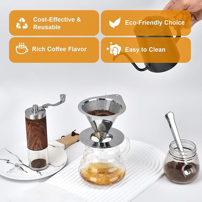 NKOVE Pour Over Coffee Dripper Stainless Steel Reusable Filter Paperless Cone - Image 6