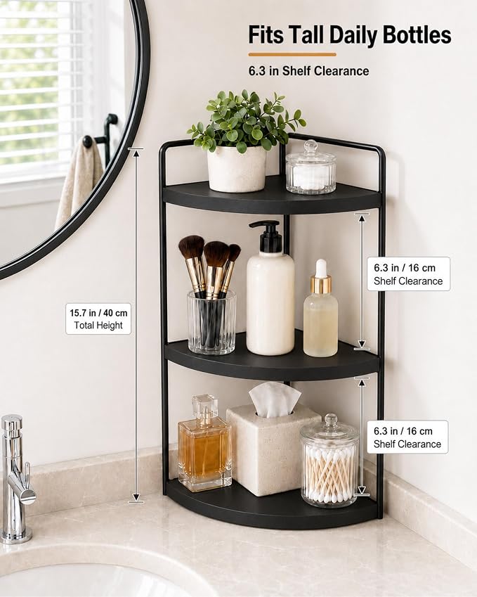 3-Tier Corner Bathroom Counter Organizer, Solid Pine Vanity Shelf, or coffee - Image 3