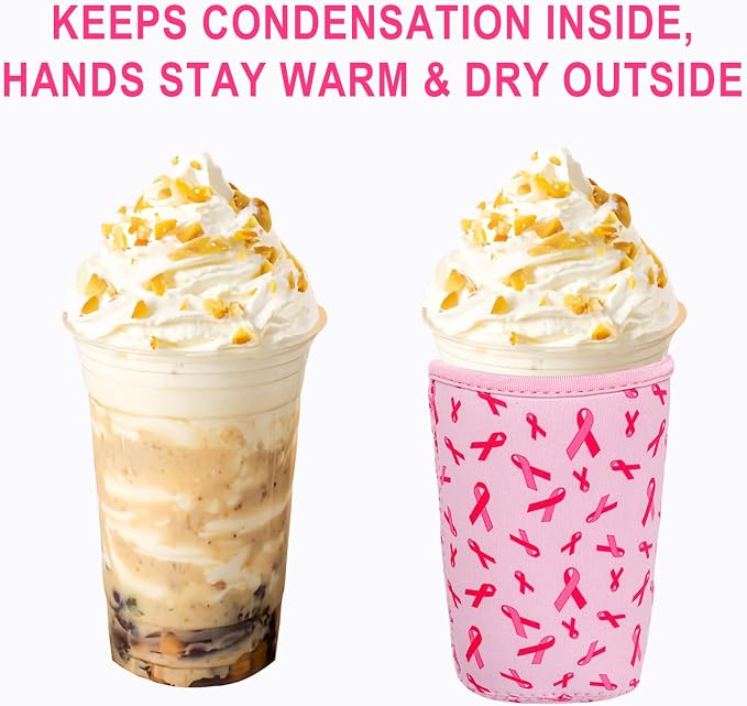 3 Pack Reusable Iced Coffee Cup Sleeve Pink Ribbon Beverage Holder - Image 4