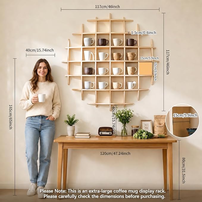 46" x46"Oversize Wooden Coffee Mug Display Shelf, Rustic Wooden Floating Curio - Image 2