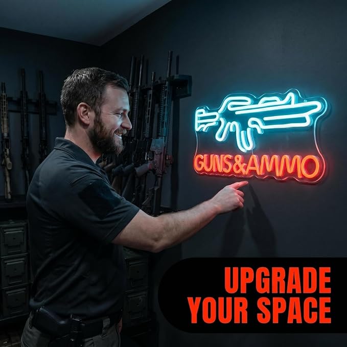 Guns & Ammo Neon Sign, Rifle Shaped Dimmable Dual Color LED Wall Decor - Image 2