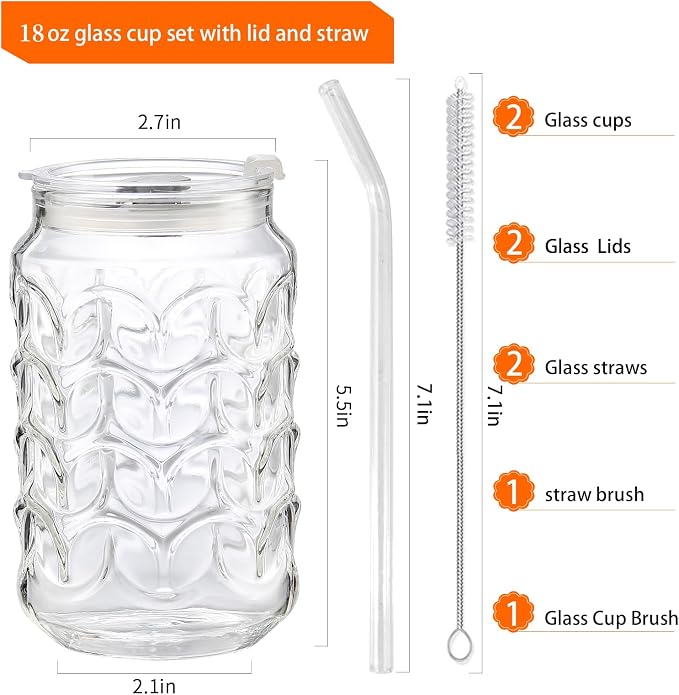 Jiuchen Glass Cups with Lids & Glass Straws 2PCS Set 18oz - Image 2
