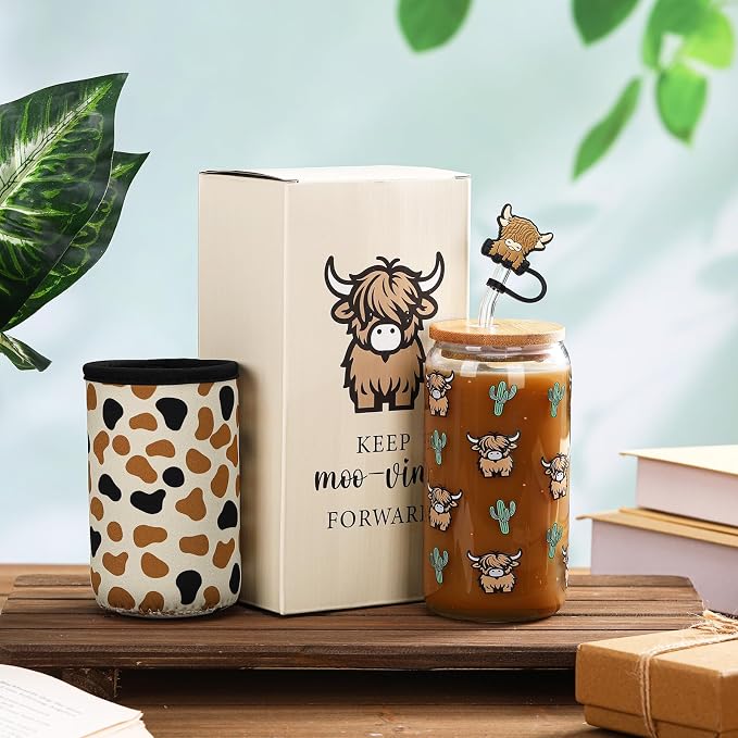 Reallnaive Highland Cow Gifts for Women Cute Glass Cups tumbler 16 oz Aesthetic - Image 4