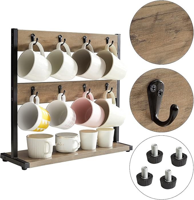 IBUYKE Wood Coffee Mug Holder for Countertop, 16 Hook Mug Tree Holder Rack - Image 5