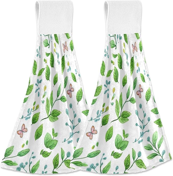 Dussdil Spring Leaves Butterflies Hanging Kitchen Towel Green Branches Dish by Dussdil