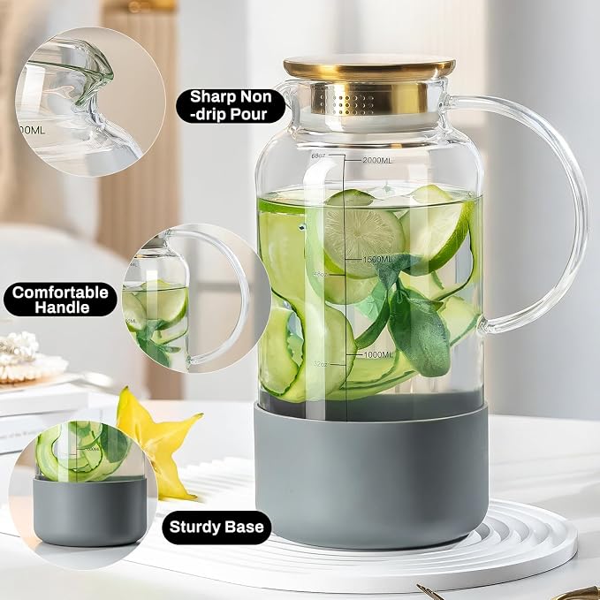 Buaic Glass Pitcher with Lid, 2 PACK 68 oz/2L Water Pitcher with Silicone Base - Image 4