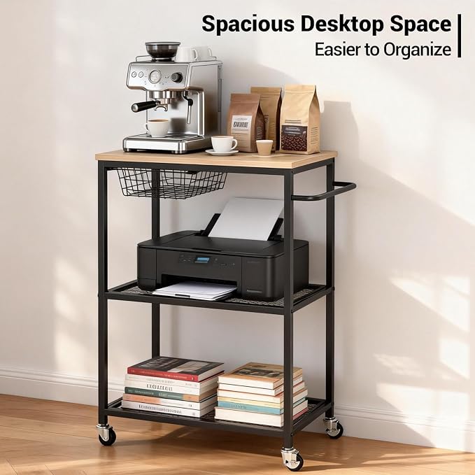 Rolling Kitchen Cart with Wood Tabletop, 3 Tier Mobile Utility Cart with - Image 4