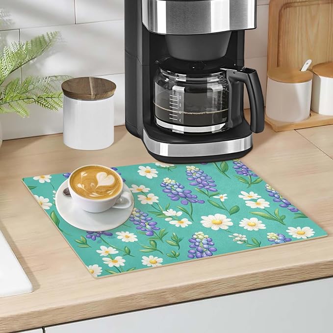 Green Bluebonnet and Daisies Coffee Mat Coffee Bar Maker Station Pot Spill - Image 4