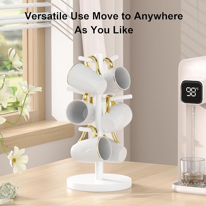 Wisuce White Coffee Mug Tree, Updated Thick Bamboo Mug Holder Base, Coffee Cup - Image 3